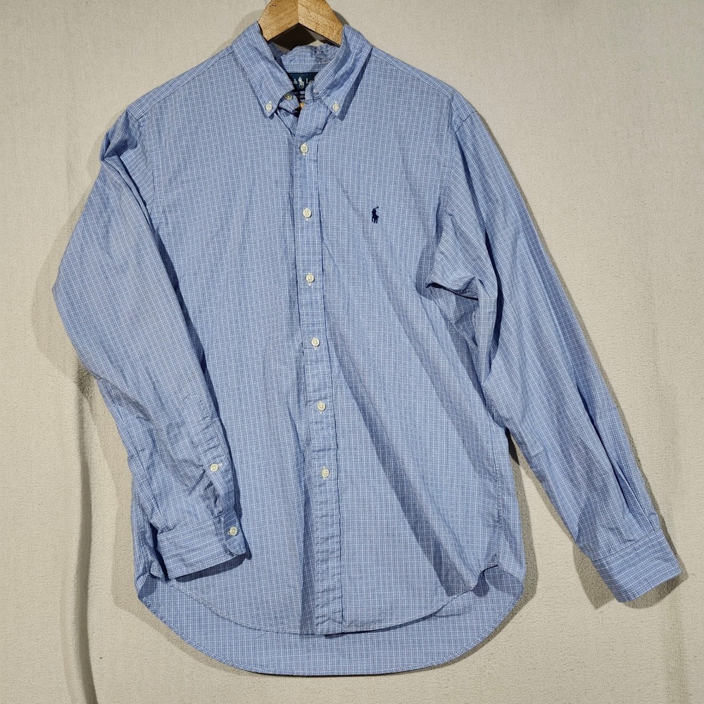 Ralph Lauren Mens Blue White Micro Check Cotton Classic Fit Shirt Size M Pony